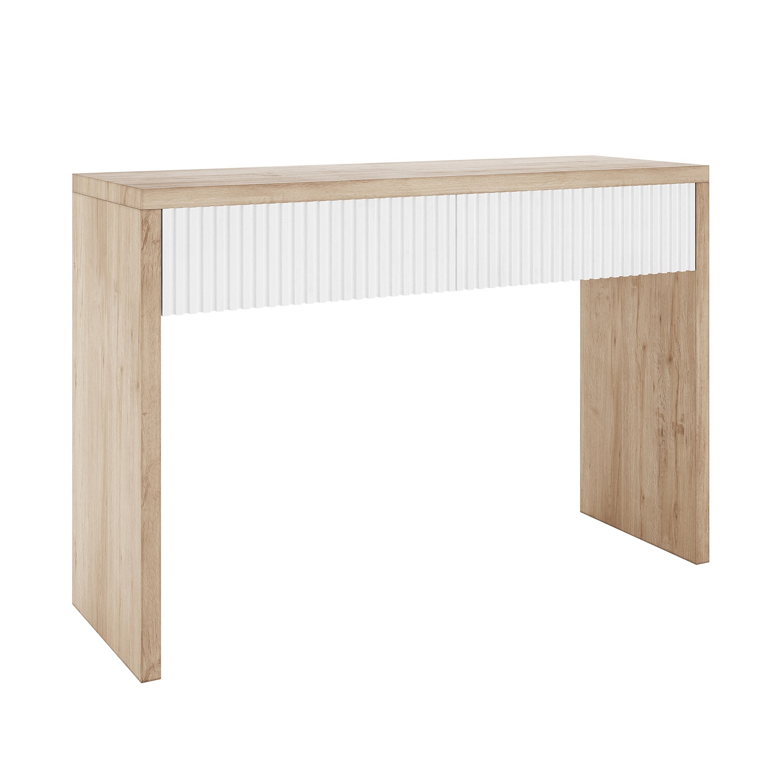 Hayden 120cm Fluted Hallway Table with Storage in Natural, featuring a light oak-look top, white fluted drawer panel, and flat-panel legs, offering a minimalist, modern design with functional storage.