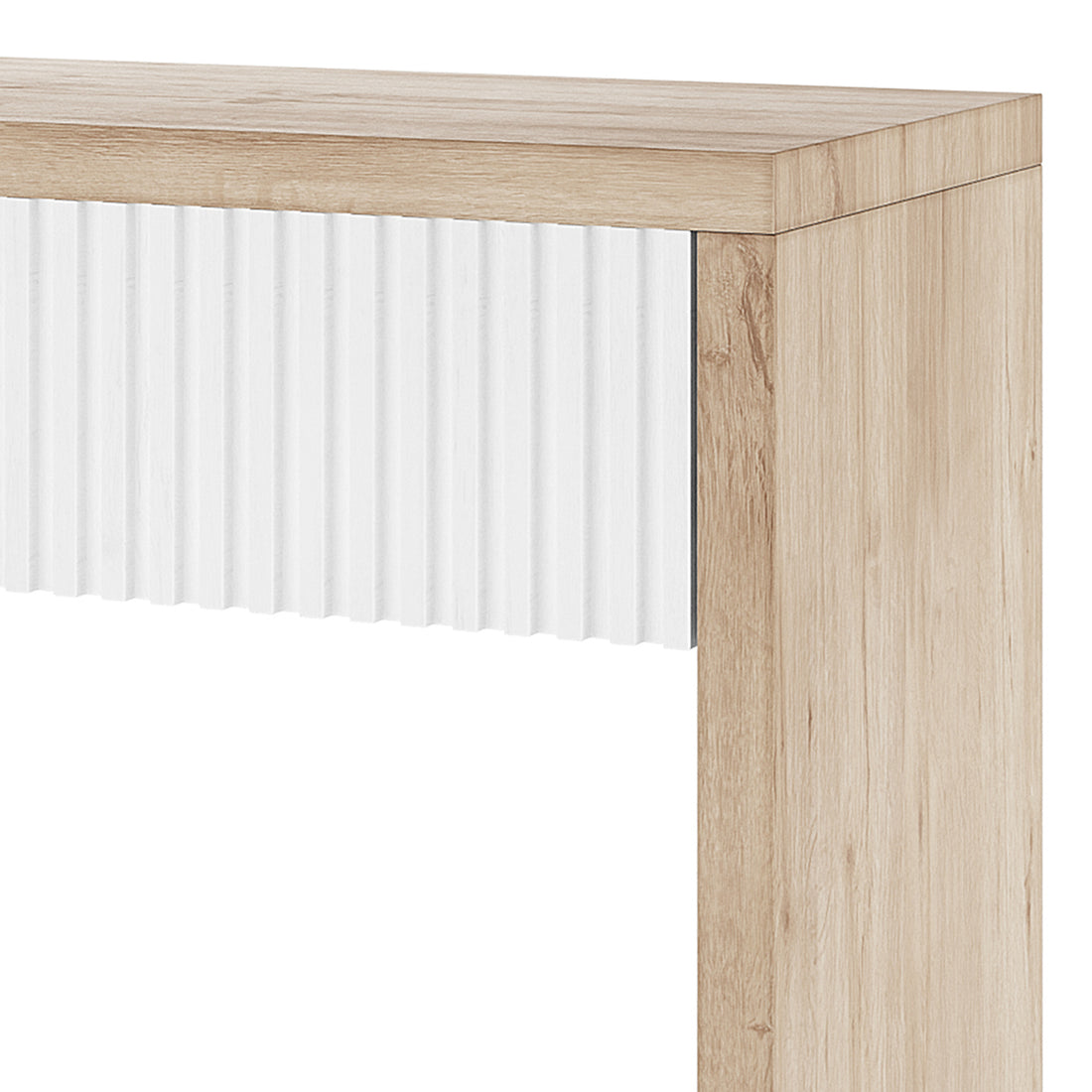 Close-up of Hayden 120cm Fluted Hallway Table with Storage in Natural, showcasing the light-oak frame and white vertically ribbed panel, highlighting its elegant and versatile design.