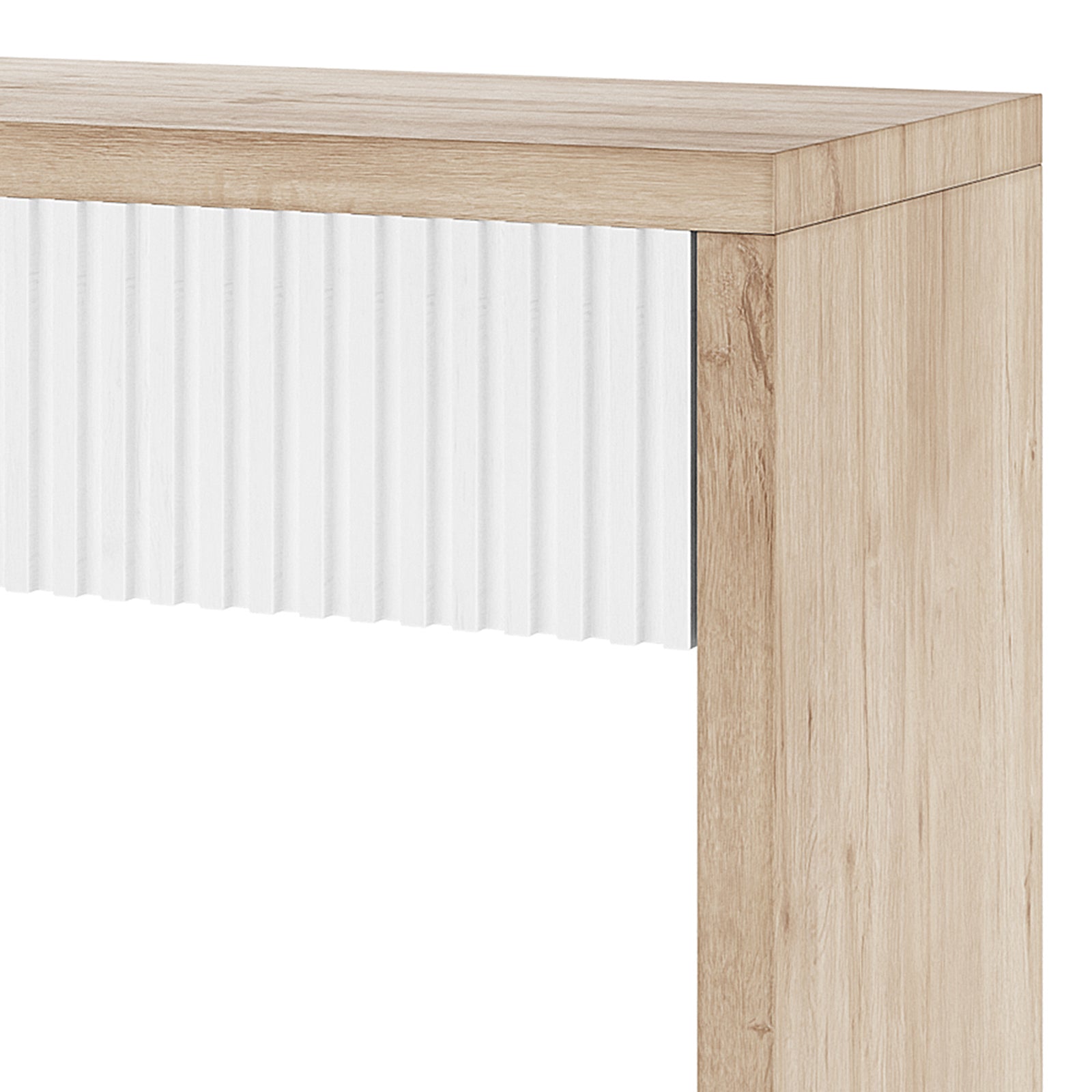 Close-up of Hayden 120cm Fluted Hallway Table with Storage in Natural, showcasing the light-oak frame and white vertically ribbed panel, highlighting its elegant and versatile design.