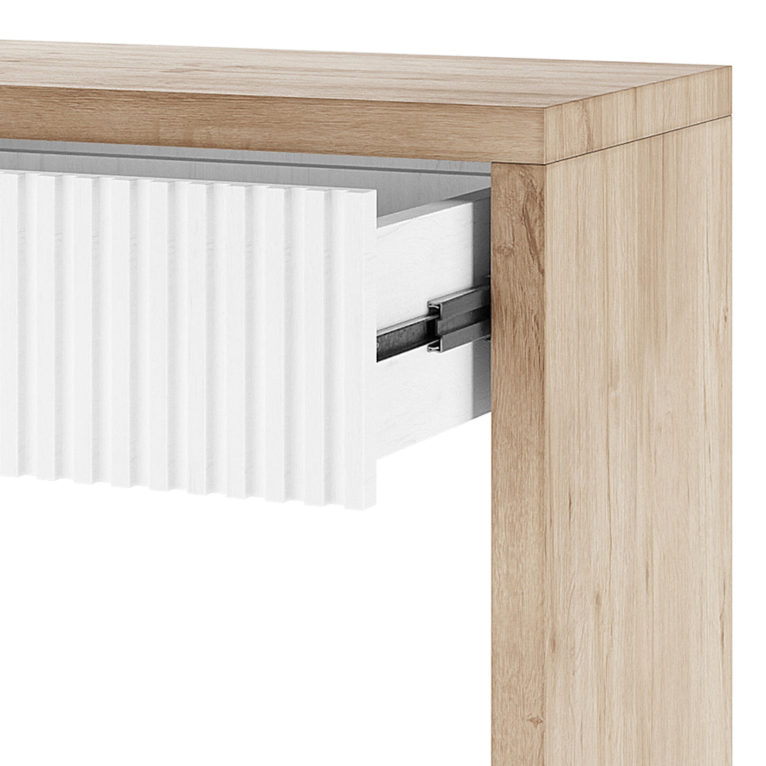 Hayden 120cm Fluted Hallway Table with Storage in Natural, featuring a light oak-finished leg, top, and a white, vertically ribbed drawer front, showcasing metal drawer-slide hardware.