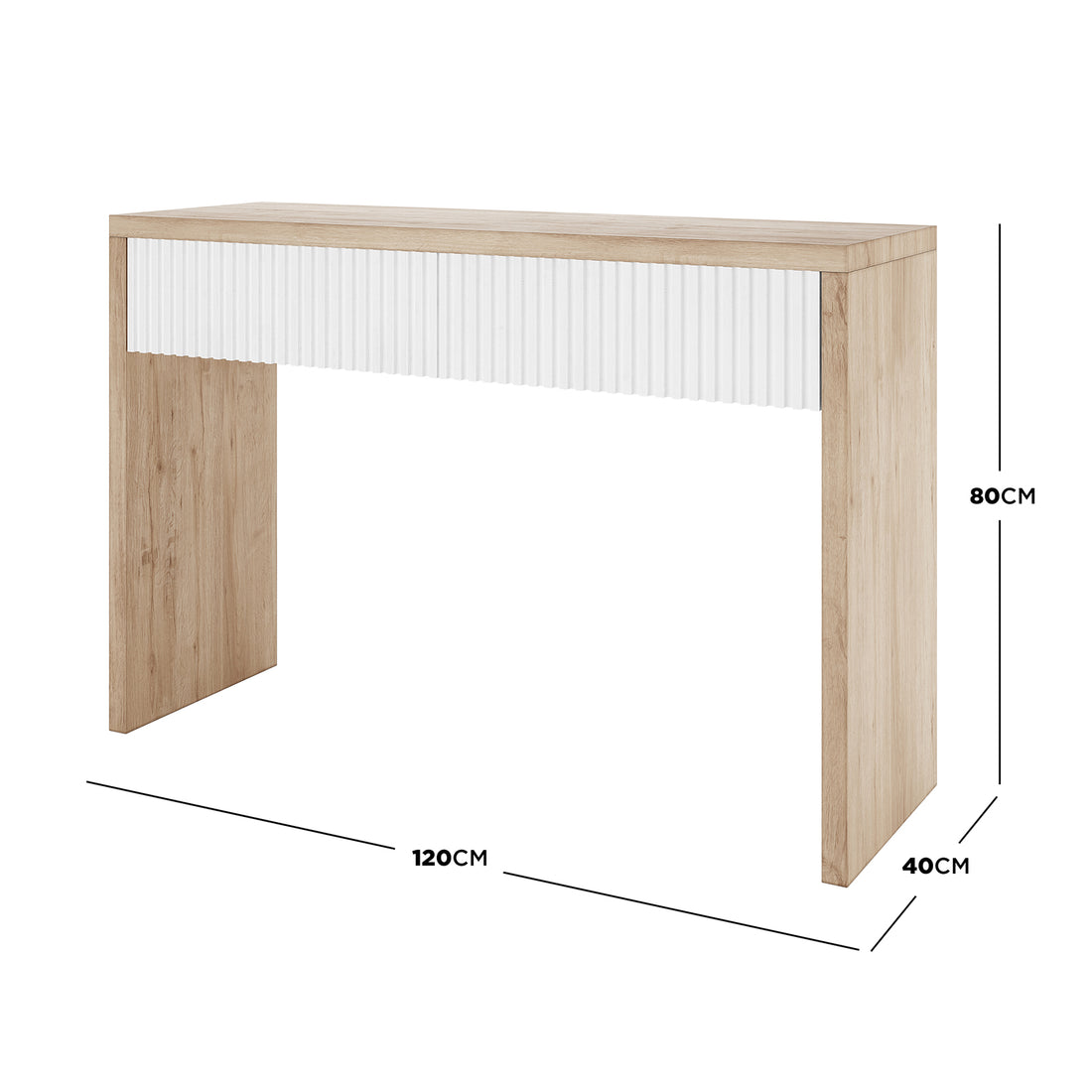 Hayden 120cm Fluted Hallway Table with Storage in Natural, featuring a minimalist light oak-look finish, white vertical fluting, and two spacious soft-closing drawers for organized storage. Dimensions: 120cm W, 40cm D, 80cm H.