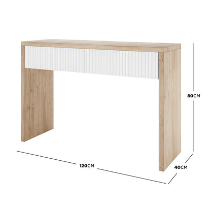 Hayden 120cm Fluted Hallway Table with Storage in Natural, featuring a minimalist light oak-look finish, white vertical fluting, and two spacious soft-closing drawers for organized storage. Dimensions: 120cm W, 40cm D, 80cm H.