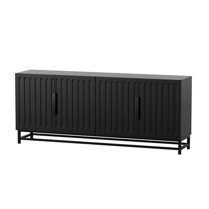 Holly 180cm 4-Door Storage Buffet Sideboard in Black features a sleek, matte black finish with vertical fluted detailing, slim handles, and sturdy black metal legs, offering stylish and functional storage.