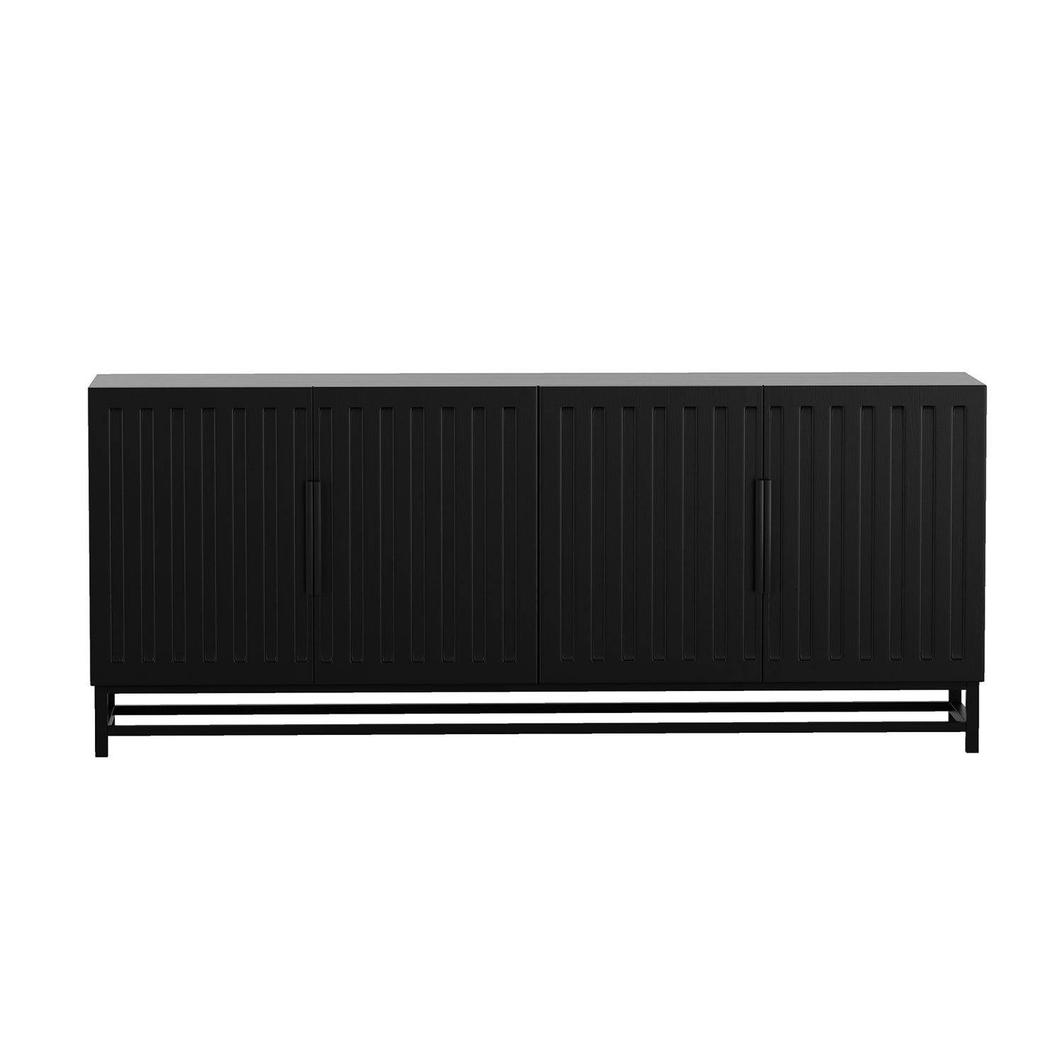 Holly 180cm 4-Door Storage Buffet Sideboard in Black features a sleek, matte finish with fluted detailing on doors and slim handles, resting on a sturdy black metal frame.