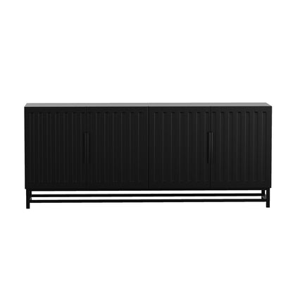 Holly 180cm 4-Door Storage Buffet Sideboard in Black features a sleek, matte finish with fluted detailing on doors and slim handles, resting on a sturdy black metal frame.
