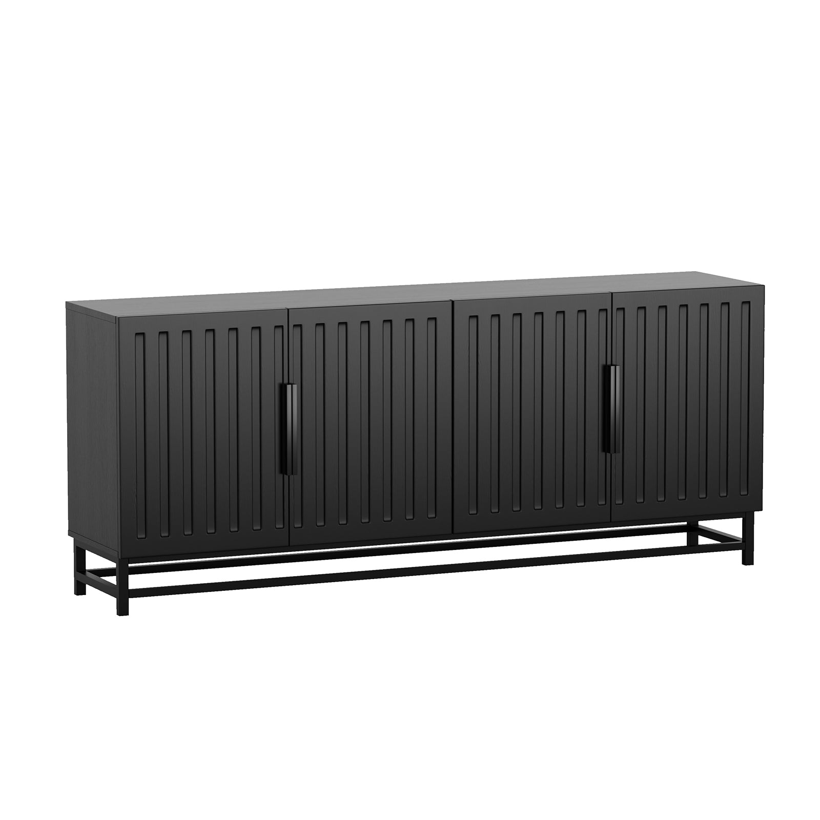 Holly 180cm 4-Door Storage Buffet Sideboard in Black with vertical-groove doors and slim metal legs, ideal for living or dining rooms, offering modern aesthetics and ample storage functionality.