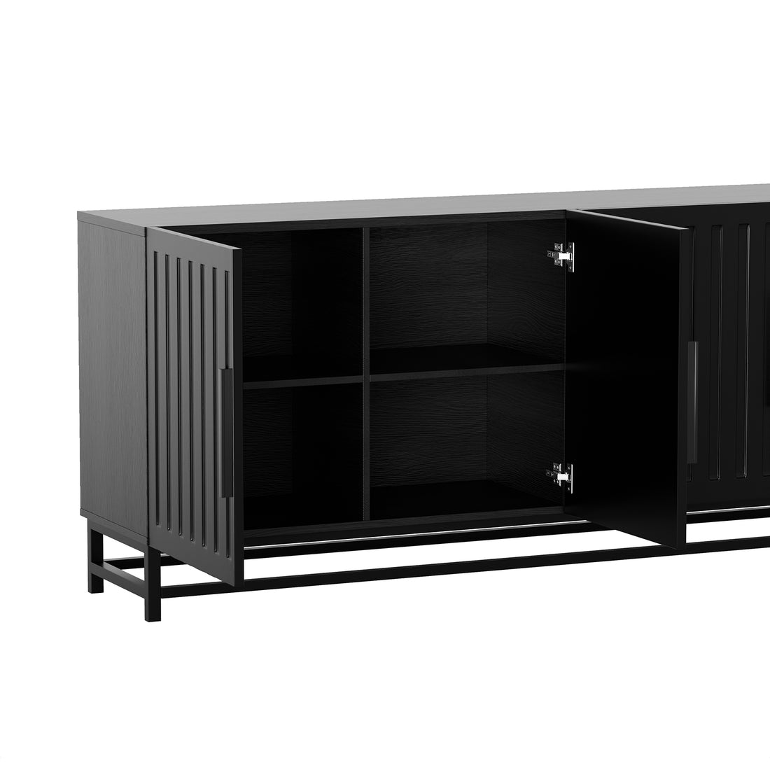 Holly 180cm 4-Door Storage Buffet Sideboard in Black features a modern design with a matte finish, open-frame metal legs, and fluted doors revealing spacious compartments with a fixed shelf and divider.
