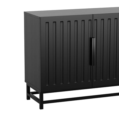 Holly 180cm 4-Door Storage Buffet Sideboard in Black, featuring vertically fluted doors, a slim vertical handle, and a sleek metal base, showcasing modern elegance and ample storage.
