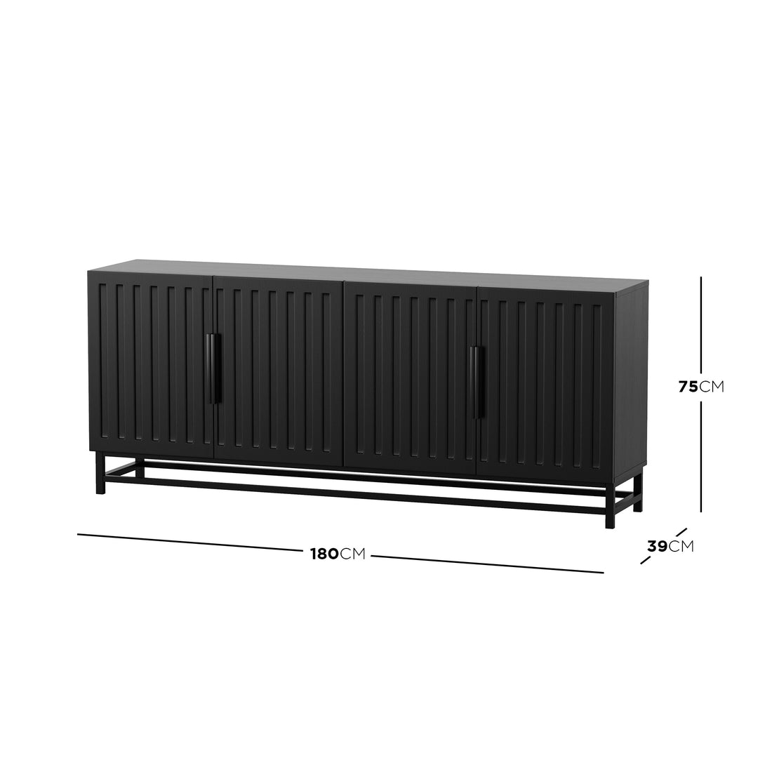 Holly 180cm 4-Door Storage Buffet Sideboard in Black featuring vertically-grooved doors, simple bar handles, and a minimal metal frame, ideal for modern interiors, offering ample storage and sleek style.