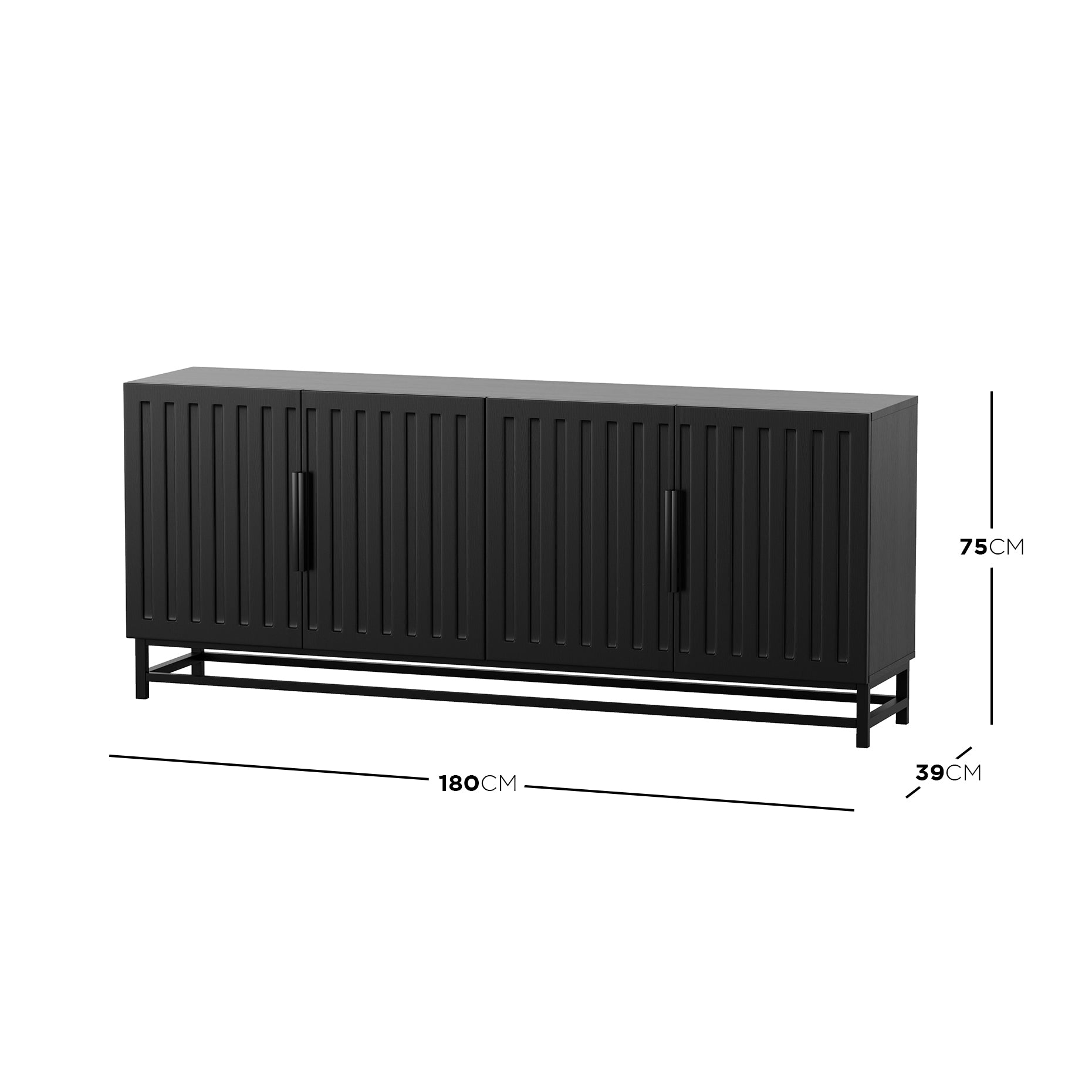 Holly 180cm 4-Door Storage Buffet Sideboard in Black featuring vertically-grooved doors, simple bar handles, and a minimal metal frame, ideal for modern interiors, offering ample storage and sleek style.