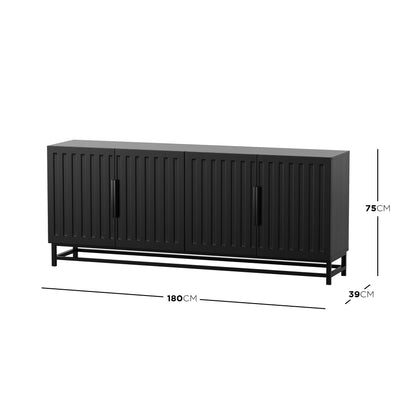 Holly 180cm 4-Door Storage Buffet Sideboard in Black featuring vertically-grooved doors, simple bar handles, and a minimal metal frame, ideal for modern interiors, offering ample storage and sleek style.