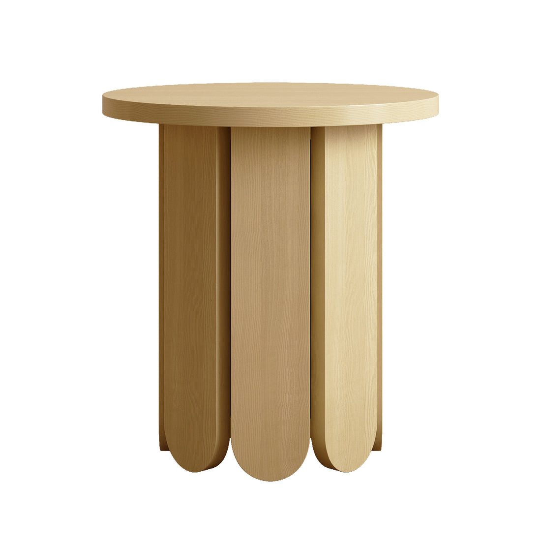Hugo 45cm Round Side Table with Curve Detail in Natural featuring a light-toned wood round top and a sculptural pedestal base formed by vertical wooden slats with rounded ends.