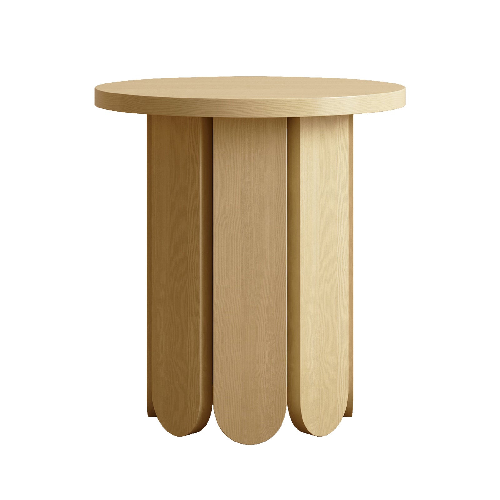 Hugo 45cm Round Side Table with Curve Detail in Natural featuring a light-toned wood round top and a sculptural pedestal base formed by vertical wooden slats with rounded ends.