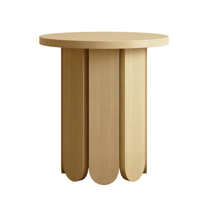 Hugo 45cm Round Side Table with Curve Detail in Natural featuring a light-toned wood round top and a sculptural pedestal base formed by vertical wooden slats with rounded ends.