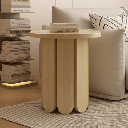 Close-up of Hugo 45cm Side Table - Natural, showcasing its oak melamine finish and compact design, perfect for holding books or decor with stability-enhancing anti-slip pads.
