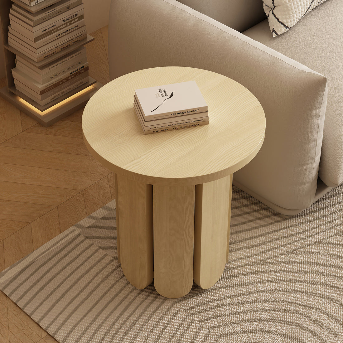 Hugo 45cm Side Table - Natural featuring a stack of books on its flat surface, showcasing its compact, sturdy design and oak melamine finish, ideal for modern, minimalist interiors.