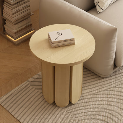 Hugo 45cm Side Table - Natural featuring a stack of books on its flat surface, showcasing its compact, sturdy design and oak melamine finish, ideal for modern, minimalist interiors.