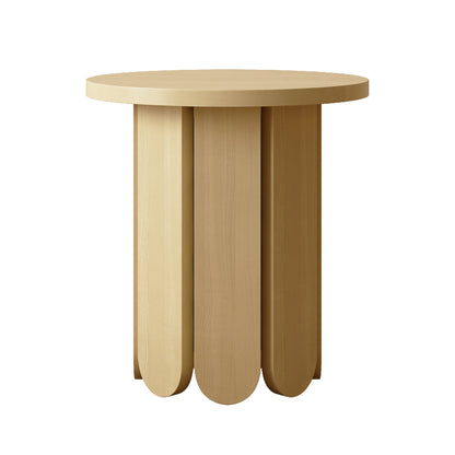 Hugo 45cm Round Side Table with Curve Detail in Natural, featuring a simple circular top and sculptural pedestal base of vertical wooden slats, perfect for modern interiors.