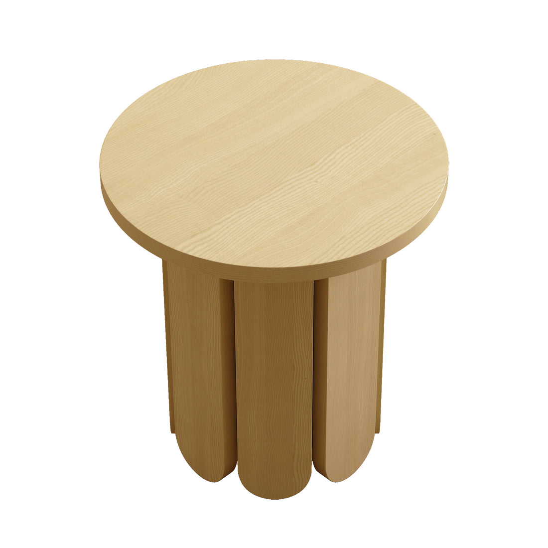 Hugo 45cm Round Side Table with Curve Detail in Natural, featuring a smooth circular top and a cylindrical base of vertical wooden slats, showcasing a light wood finish.