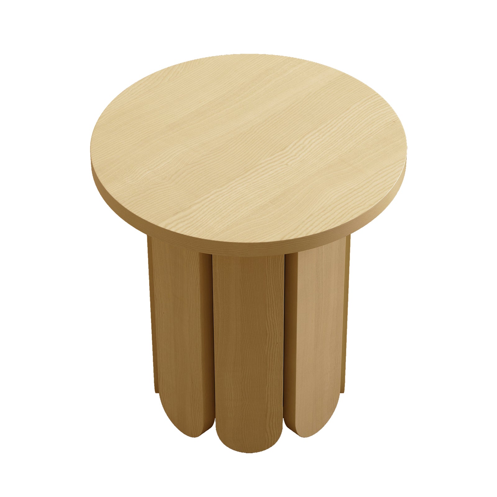 Hugo 45cm Round Side Table with Curve Detail in Natural, featuring a smooth circular top and a cylindrical base of vertical wooden slats, showcasing a light wood finish.