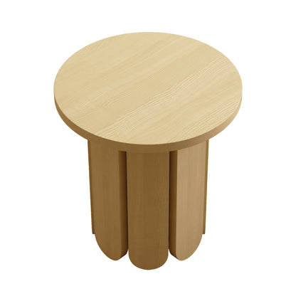 Hugo 45cm Round Side Table with Curve Detail in Natural, featuring a smooth circular top and a cylindrical base of vertical wooden slats, showcasing a light wood finish.