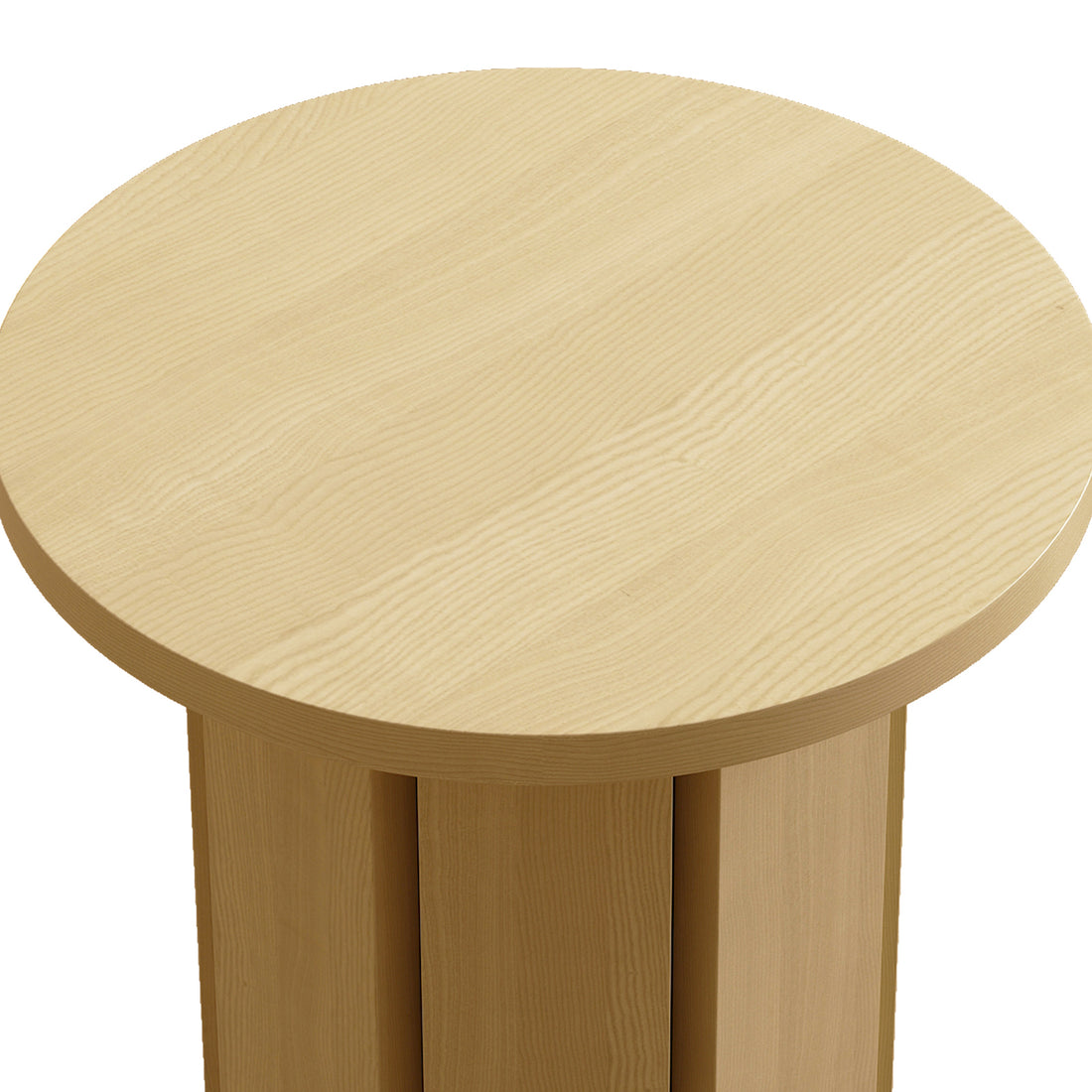 Hugo 45cm Round Side Table with Curve Detail in Natural, featuring a light wood grain circular top on a matching pedestal base, ideal for modern interiors with its compact and stylish design.