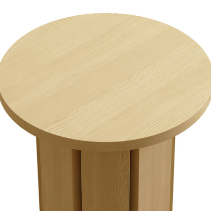 Hugo 45cm Round Side Table with Curve Detail in Natural, featuring a light wood grain circular top on a matching pedestal base, ideal for modern interiors with its compact and stylish design.
