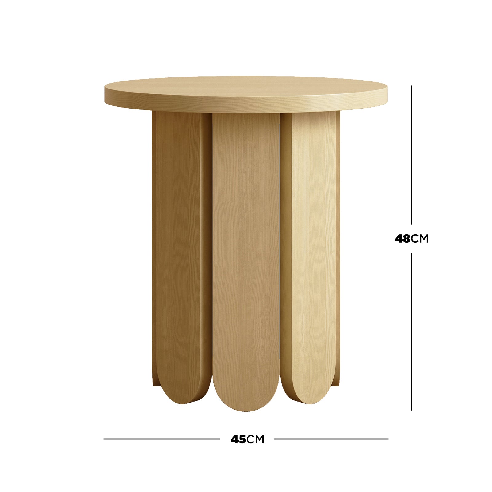 Hugo 45cm Round Side Table with Curve Detail in Natural, featuring a circular top, four paddle-shaped plank base, minimalist design, and crafted from light-colored wood for modern interiors.
