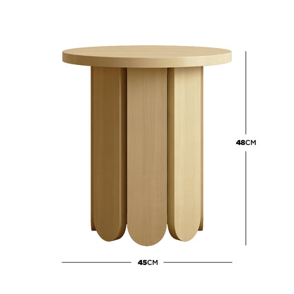 Hugo 45cm Round Side Table with Curve Detail in Natural, featuring a circular top, four paddle-shaped plank base, minimalist design, and crafted from light-colored wood for modern interiors.