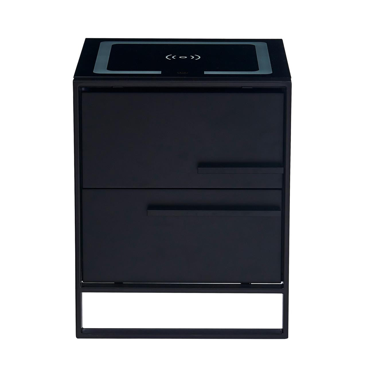 Isha Smart Bedside Table with Wireless Charger in Black, featuring a minimalist design on a slim metal frame, two drawers, and an integrated wireless-charging pad on the top surface.