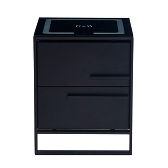 Isha Smart Bedside Table with Wireless Charger in Black, featuring a minimalist design on a slim metal frame, two drawers, and an integrated wireless-charging pad on the top surface.