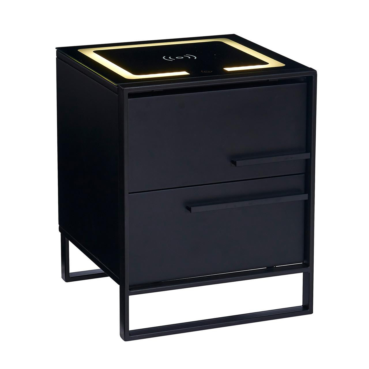 Isha Smart Bedside Table with Wireless Charger in Black, featuring a cube shape, matte finish, minimal frame, two drawers with slim handles, and built-in Qi wireless charging pad with LED border.