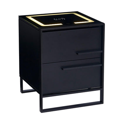 Isha Smart Bedside Table with Wireless Charger in Black, featuring a cube shape, matte finish, minimal frame, two drawers with slim handles, and built-in Qi wireless charging pad with LED border.