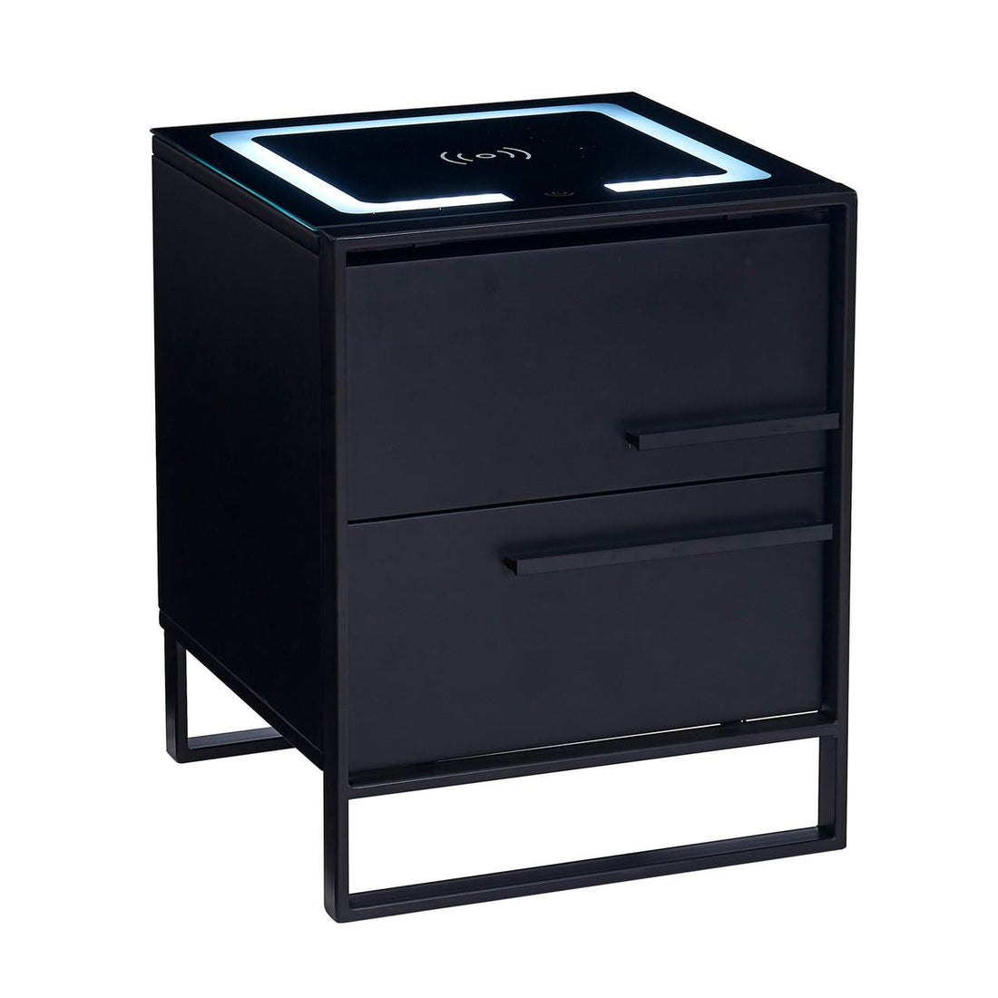 Isha Smart Bedside Table with Wireless Charger in Black, features a matte black cube design with two drawers, a sleek metal frame, and an integrated Qi wireless charging pad with LED light strip.