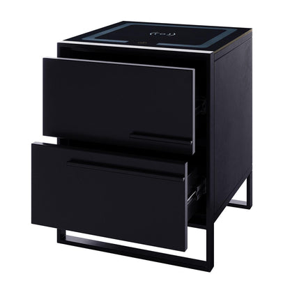 Isha Smart Bedside Table with Wireless Charger in Black, featuring a sleek two-drawer design on a minimalist metal frame, integrated wireless-charging pad on top, and modern matte black finish.