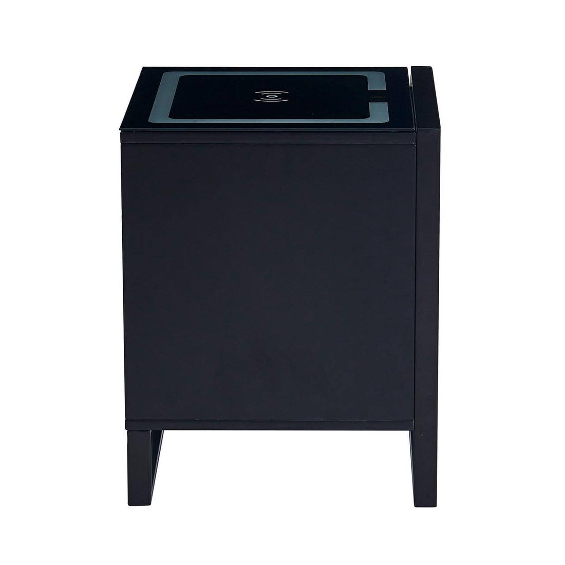Isha Smart Bedside Table with Wireless Charger in Black, featuring a cube design with four short legs and a charging icon on the tabletop, emphasizing modern convenience and style.