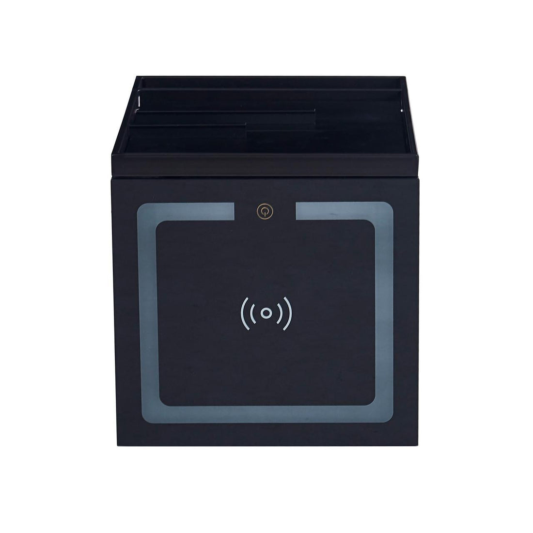 Isha Smart Bedside Table with Wireless Charger, featuring a cube design with Qi charging pad on the front, open top trays for organizing, and a universal wireless-charge icon with power button.