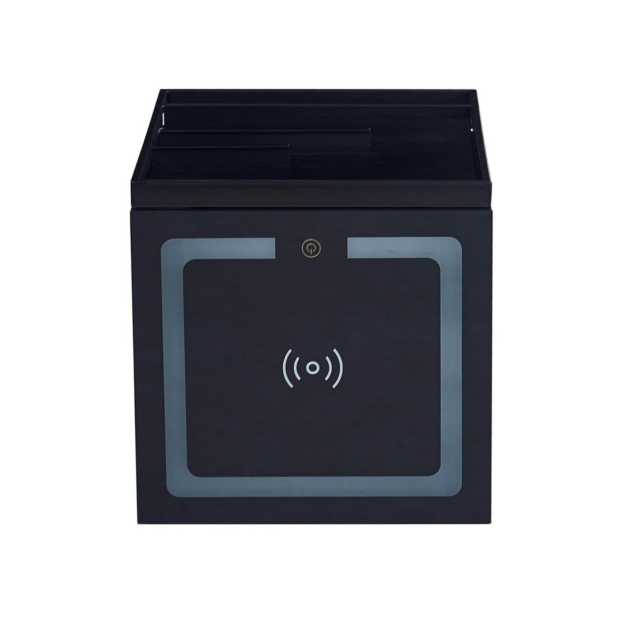 Isha Smart Bedside Table with Wireless Charger, featuring a cube design with Qi charging pad on the front, open top trays for organizing, and a universal wireless-charge icon with power button.
