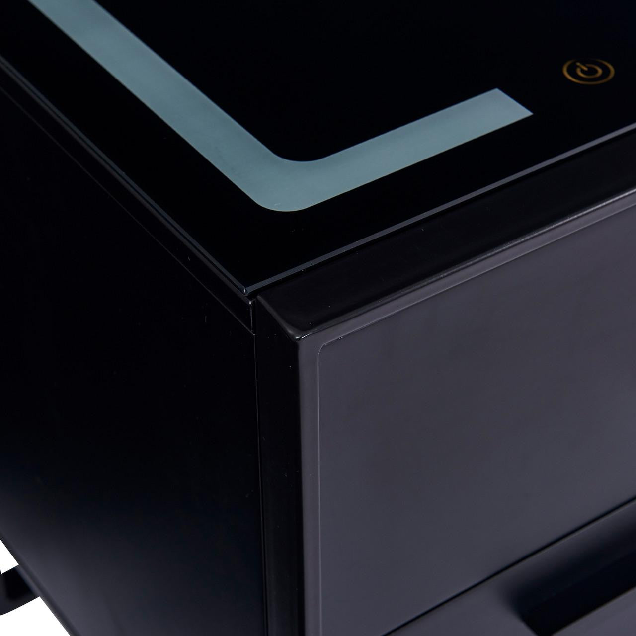 Close-up of the Isha Smart Bedside Table with Wireless Charger in Black, highlighting the sleek glass platen, yellow-ringed power button, and part of the front paper tray.