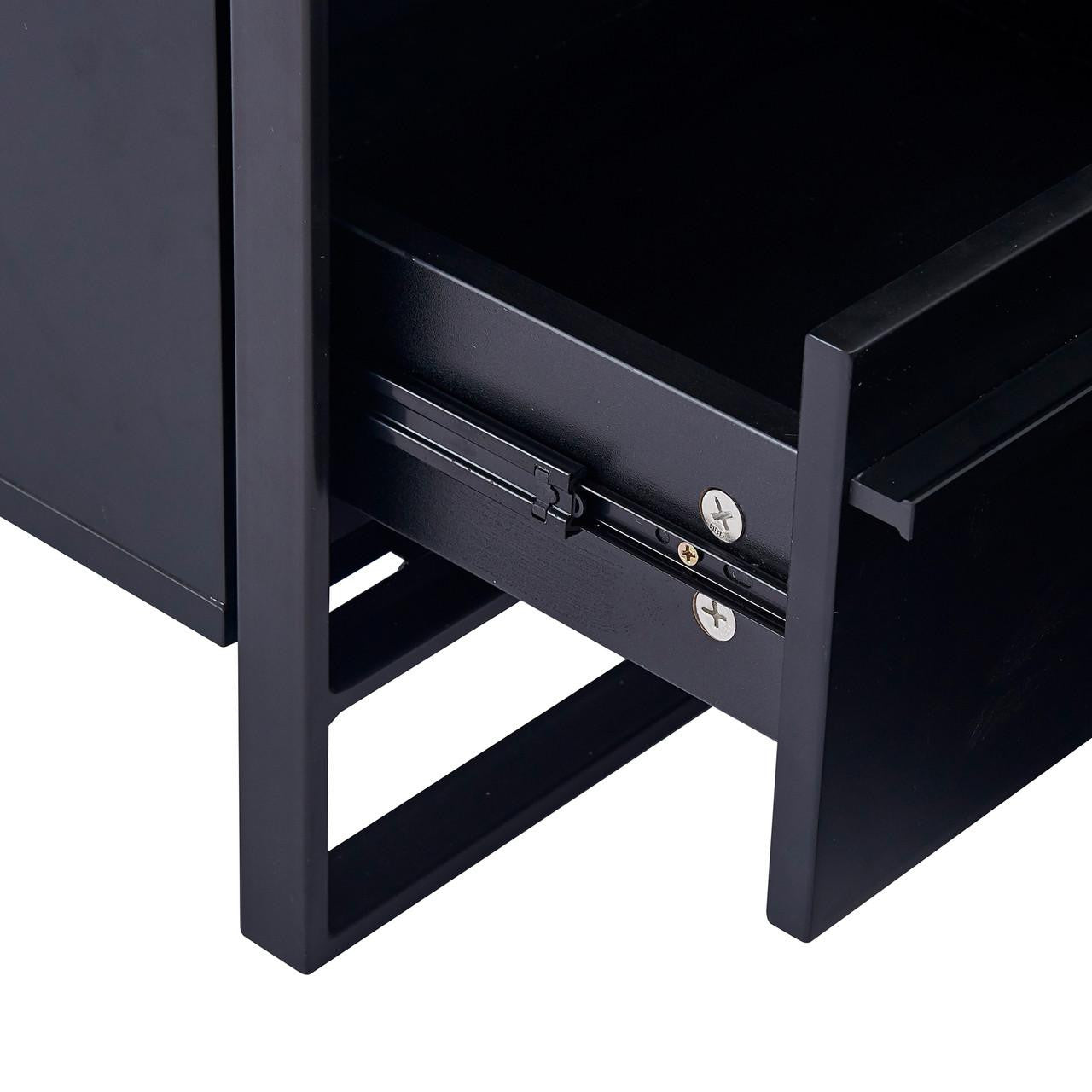 Close-up of Isha Smart Bedside Table with Wireless Charger in Black, showcasing a partially open drawer with visible metal slide-rail mechanism, part of its minimalist design and modern convenience features.