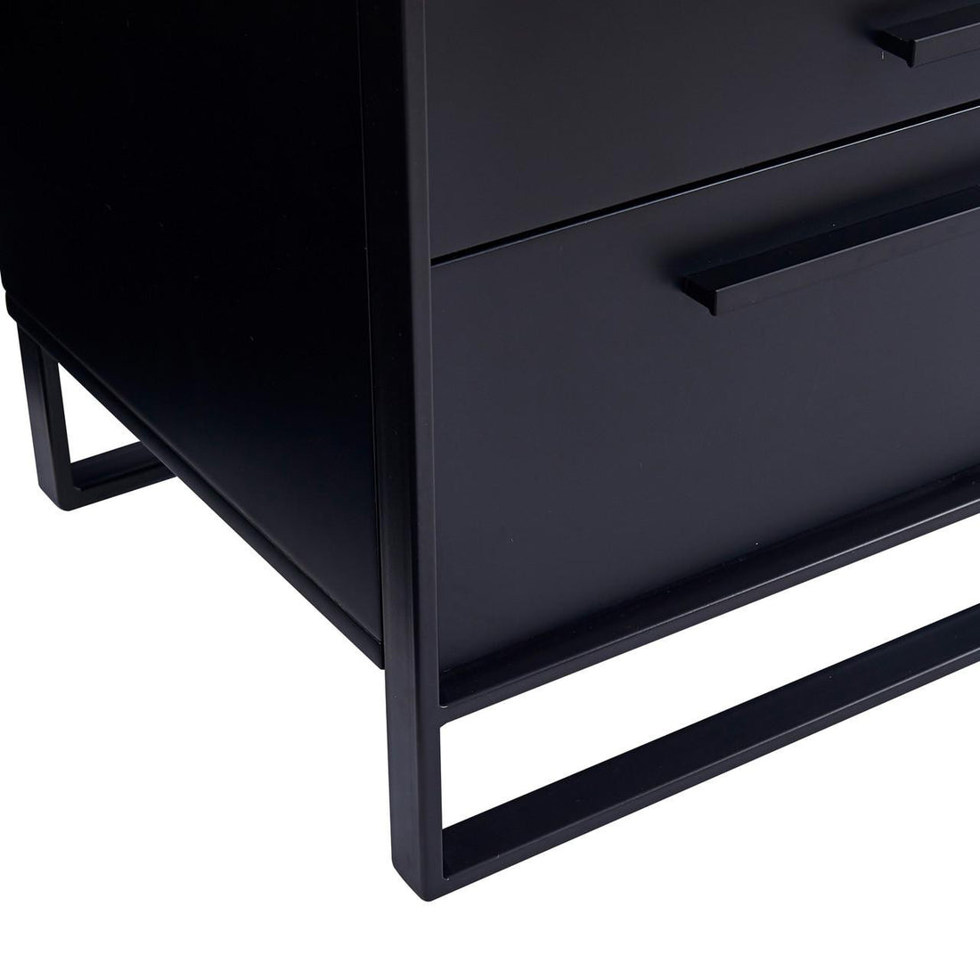 Close-up of the Isha Smart Bedside Table with Wireless Charger in Black, featuring two drawers with horizontal bar handles, supported by a minimal rectangular metal frame.