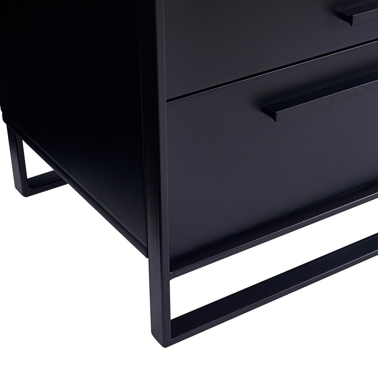 Close-up of the Isha Smart Bedside Table with Wireless Charger in Black, featuring two drawers with horizontal bar handles, supported by a minimal rectangular metal frame.