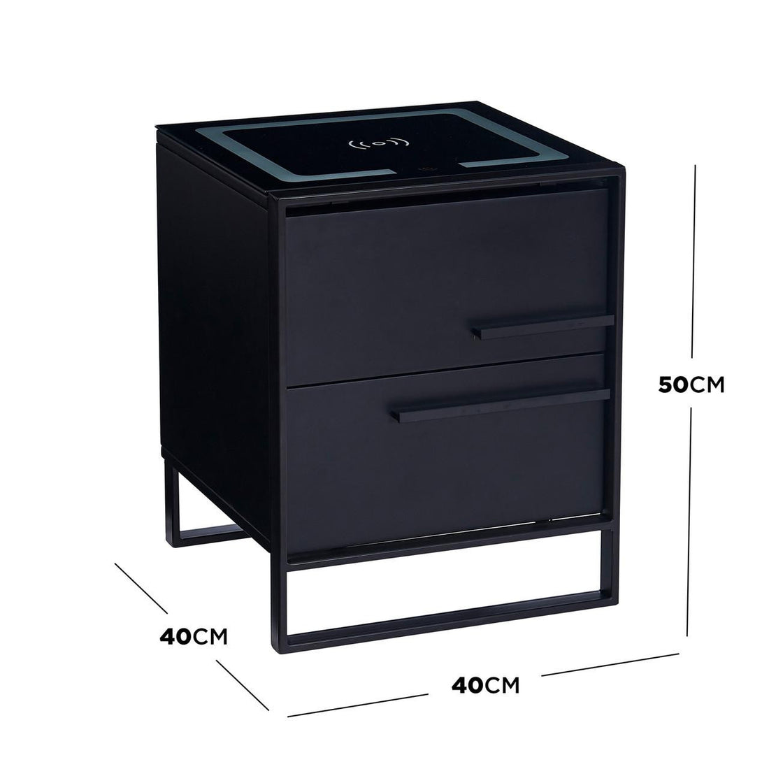 Isha Smart Bedside Table with Wireless Charger in Black features a cube-shaped design with two drawers and a top surface outlined with a wireless charging icon, measuring 40x40x50 cm.