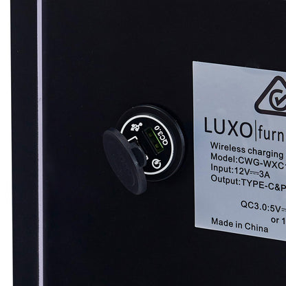 Isha Smart Bedside Table with Wireless Charger in Black features a built-in charging module, showcasing a round USB QC3.0 port and a wireless charging sticker, exemplifying modern convenience.