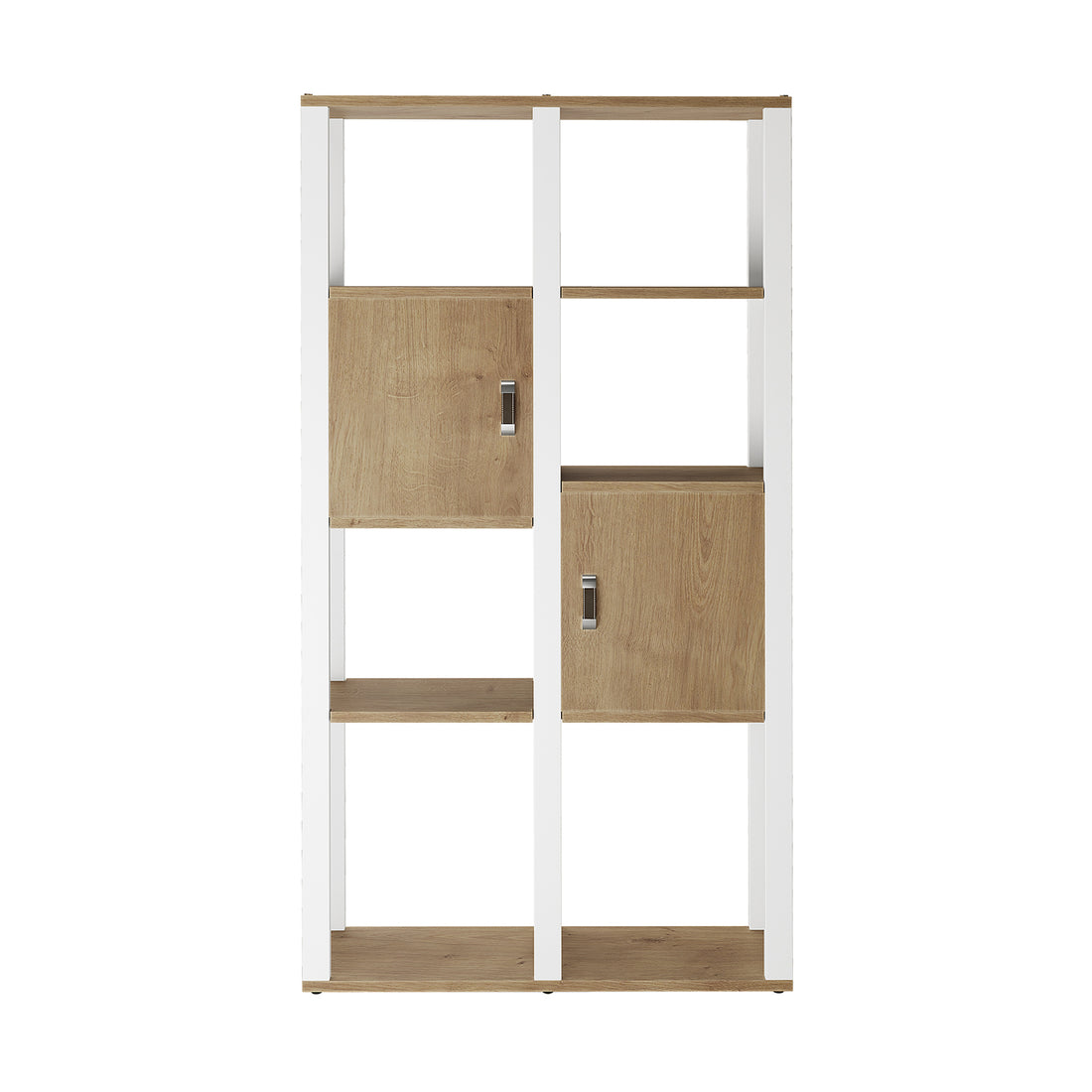 Jacob 160cm 4-Tier Storage Display Cabinet w/ Door - Natural White features a two-column design, light oak-style shelves, white supports, and doors in upper left and lower right sections.