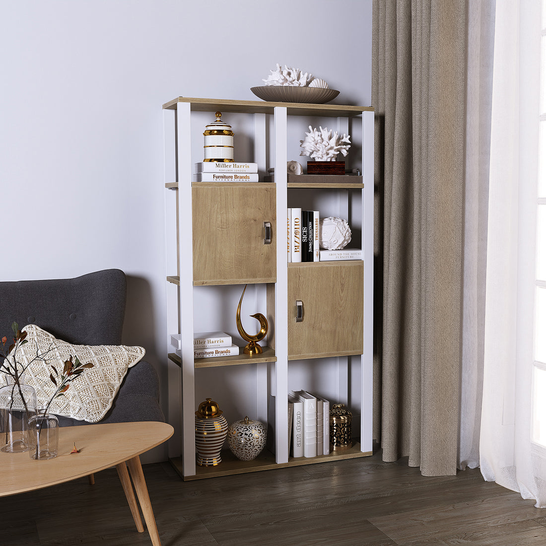 Jacob 160cm 4-Tier Storage Display Cabinet w/ Door - Natural White, features open wood shelves, metal uprights, and decorative items. A grey armchair and a beige curtain complement the setup.
