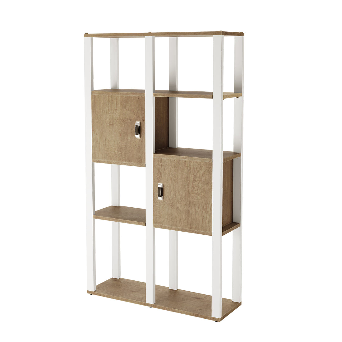 Jacob 160cm 4-Tier Storage Display Cabinet w/ Door - Natural White features a sleek white frame and wood-grain shelves, with open tiers and two cubbies, ideal for diverse display and storage needs.