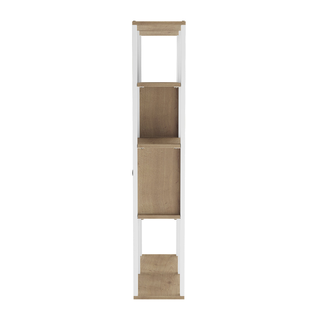 Jacob 160cm 4-Tier Storage Display Cabinet w/ Door - Natural White features a sleek white frame with four wooden-tone shelves, ideal for compact spaces, combining style and functionality in a minimalist design.