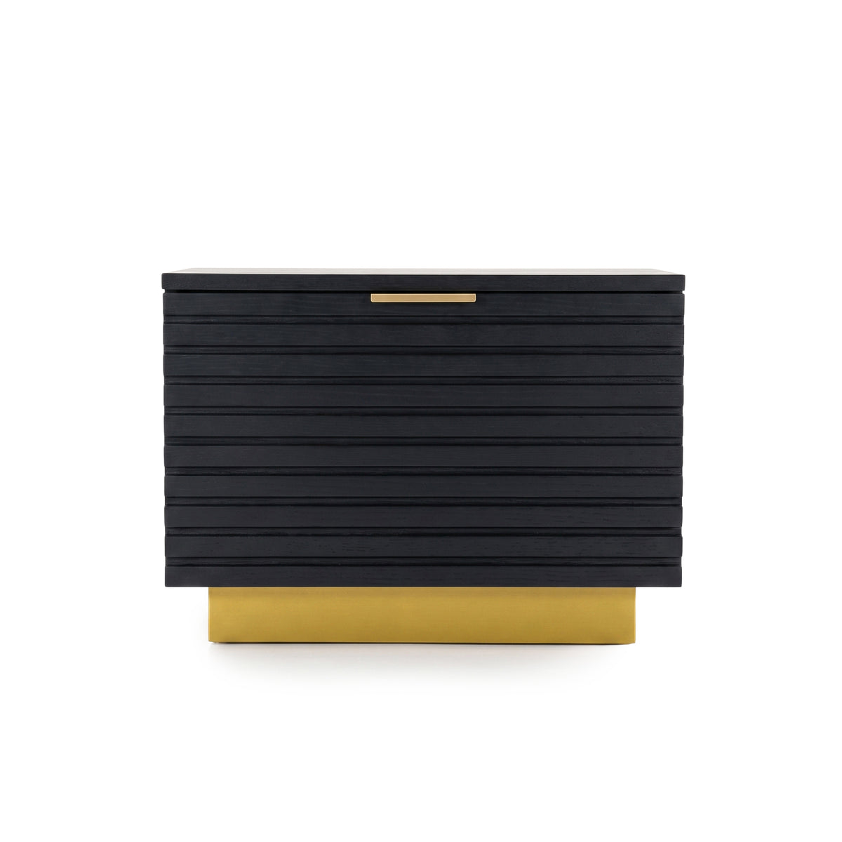 Modern black storage cabinet with gold handle and base on white background