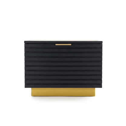 Modern black storage cabinet with gold handle and base on white background